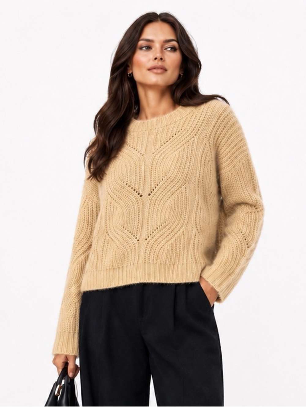 Mango MNG Chunky Beige Cable Knit Soft Eyelash Fisherman’s Sweater‎ Size S